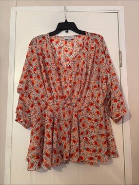 Floral V-Neck Peplum Tunic in Red and Cream